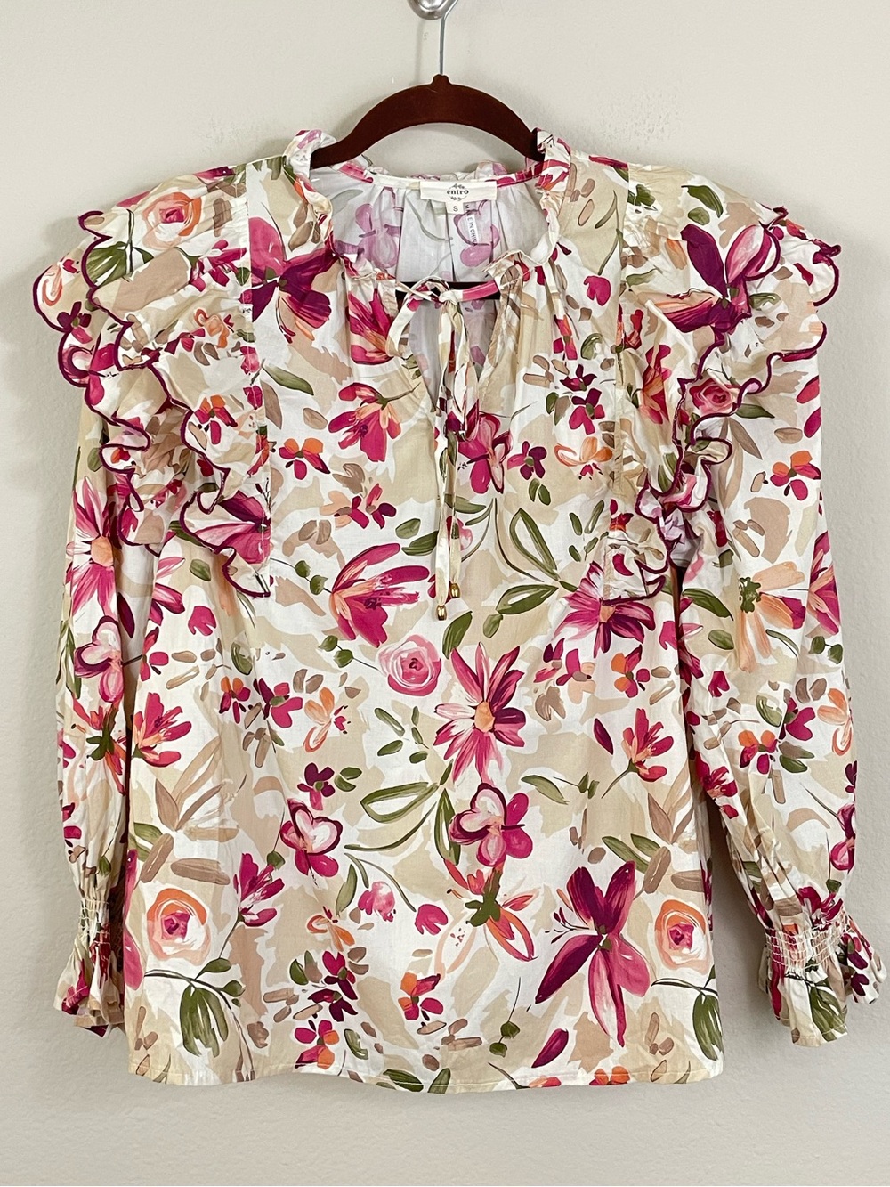 Entro Floral Ruffle Tie-Neck Long Sleeve Poplin Blouse Size Small
